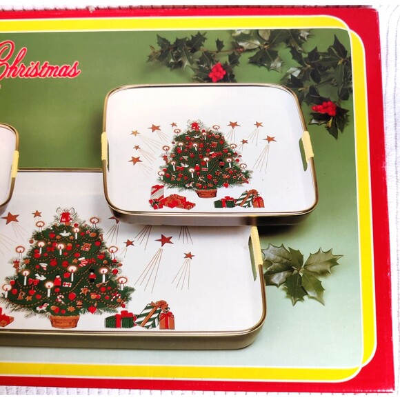 Vintage Asahi Trading Co 3 Piece Lacquerware Tray Set Merry Christmas Made Japan - Picture 5 of 13